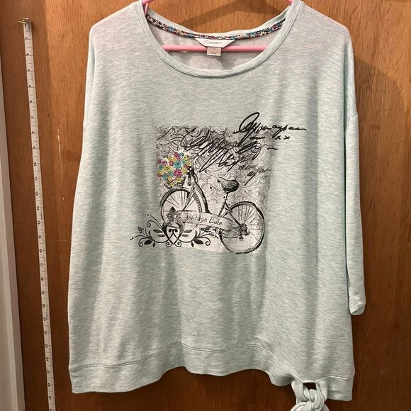 Size 1X - CJ Banks - Light Blue/Green 3/4 Sleeve Heavy Knit Graphic Pullover - Picture 1 of 8